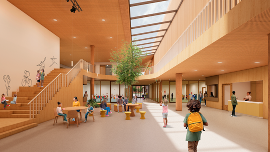 Credits beeld: Renders van het ontwerp van een nieuwe school in Delft door architectenbureau DP6 in samenwerking met Hegeman Industriële Bouw.